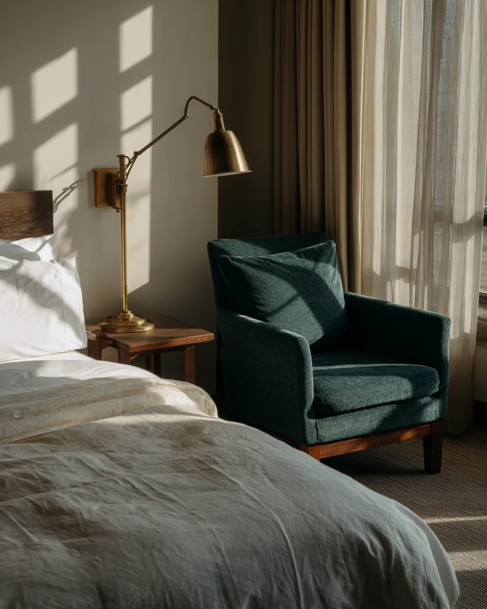 Boutique hotel room corner with linen bed and brass reading lamp