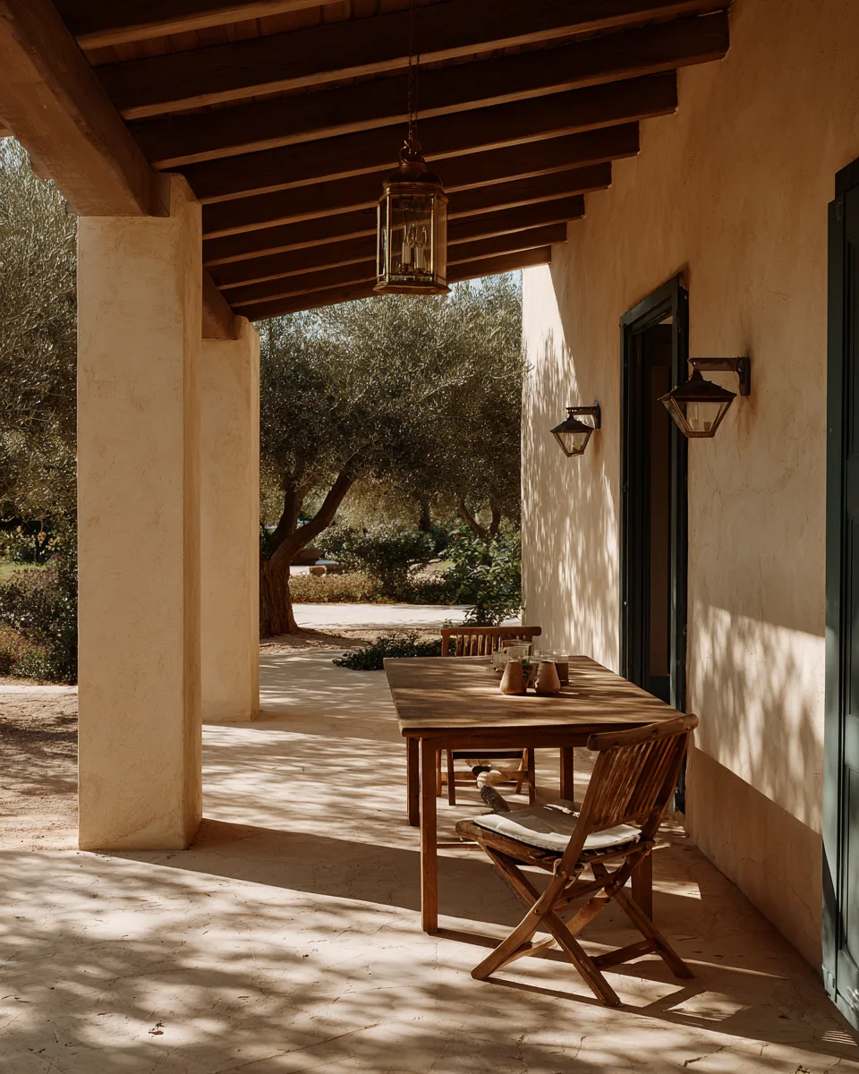 Covered terrace of a private villa with a long wooden table